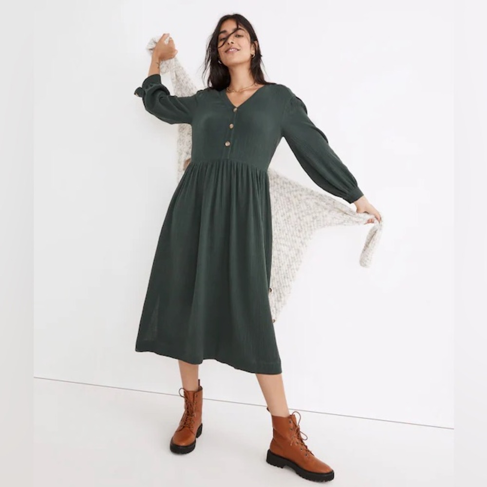 Madewell Flowy dark Emerald Green Petite Lightspun Button-Front Midi Dress 16